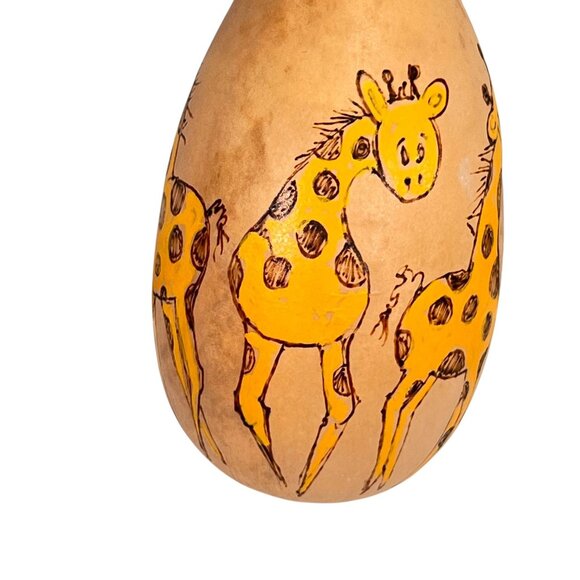Gourd Art Giraffe Hand Painted Ornament Green Ribbon 5 images signed 4.5 inches - Picture 4 of 7